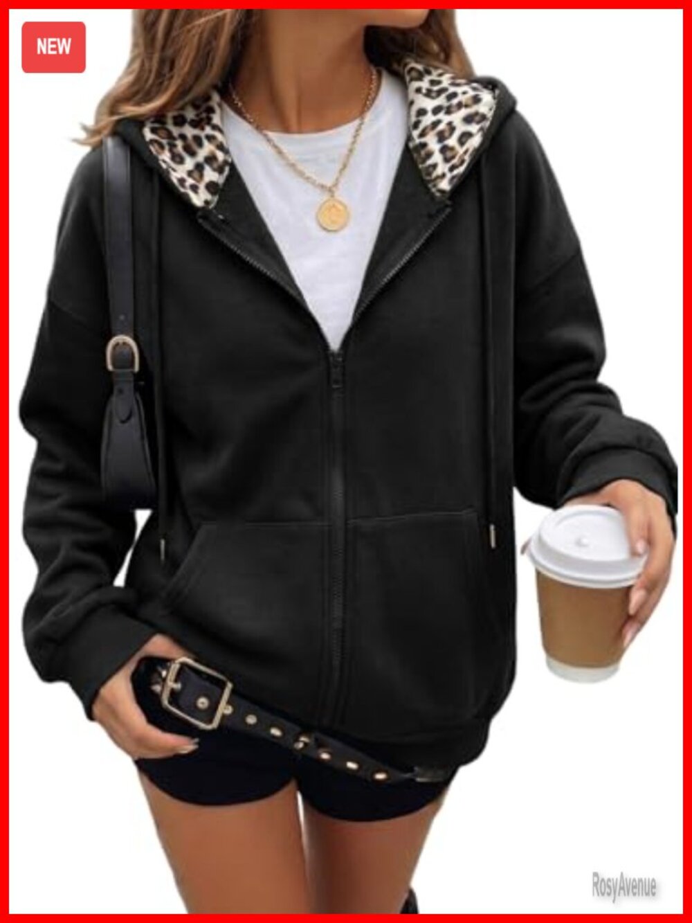 Women's Zip Up Hoodie Leopard Lined Loose Fit Sweatshirt with Pockets